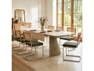 Table à manger rectangulaire extensible 8-12 pers. En céramique effet travertin et piètement blanc 200-300x100 cm - bruma