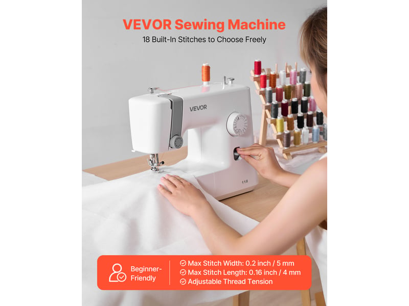 Vevor machine a coudre electrique avec 18 motifs de points, piqueuse portable, avec eclairage led, commande par cadran simple, cadre interieur en metal, pour travaux manuels et reparations, maison - Conforama B