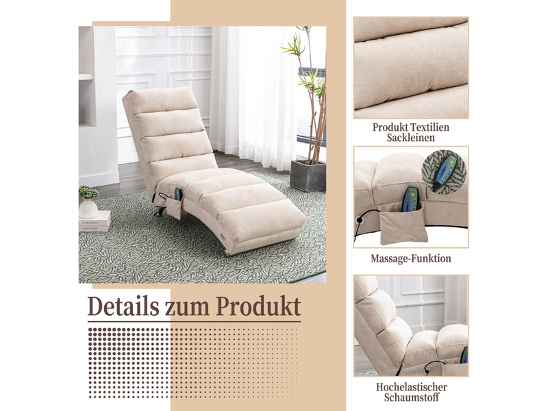  Fauteuil relax fixe vibrant 148x55x84 cm, soutien intégral, poches latérales, mousse et lin, beige  - Conforama E