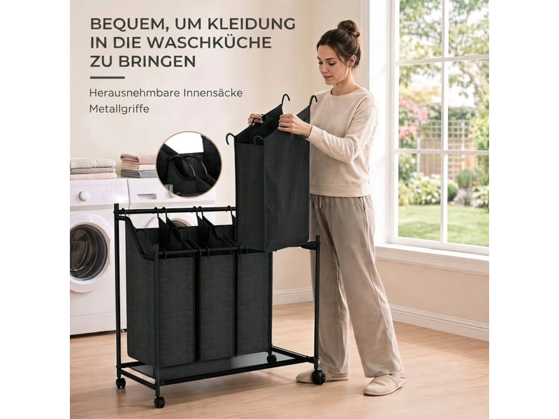  Panier à linge à 4 compartiments, capacité de 108 l, roues et poignée de transport, noir.  - Conforama E