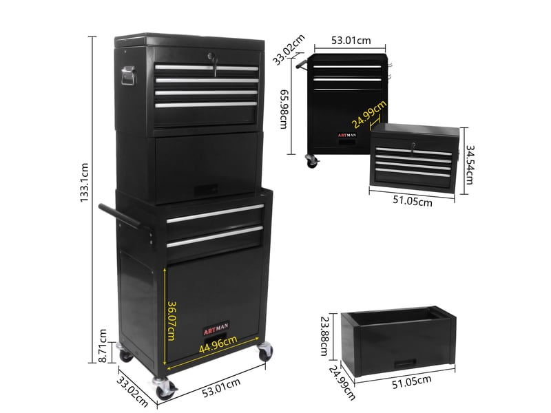  Armoire à outils 60 x 33 x 110 cm noire en acier, 6 tiroirs verrouillables avec roulettes pour atelier  - Conforama B