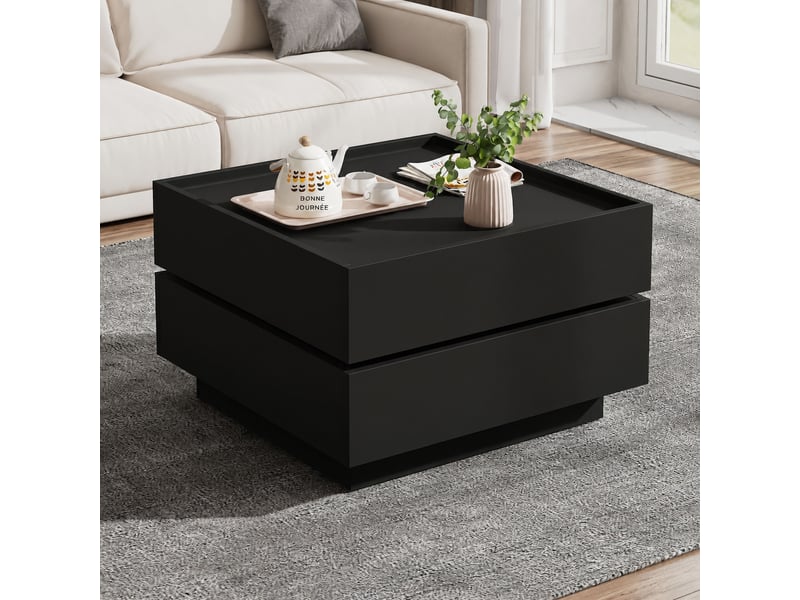  Table basse noire pivotante à 360° avec deux tiroirs, carrée 60 x 60 x 38 cm  - Conforama D