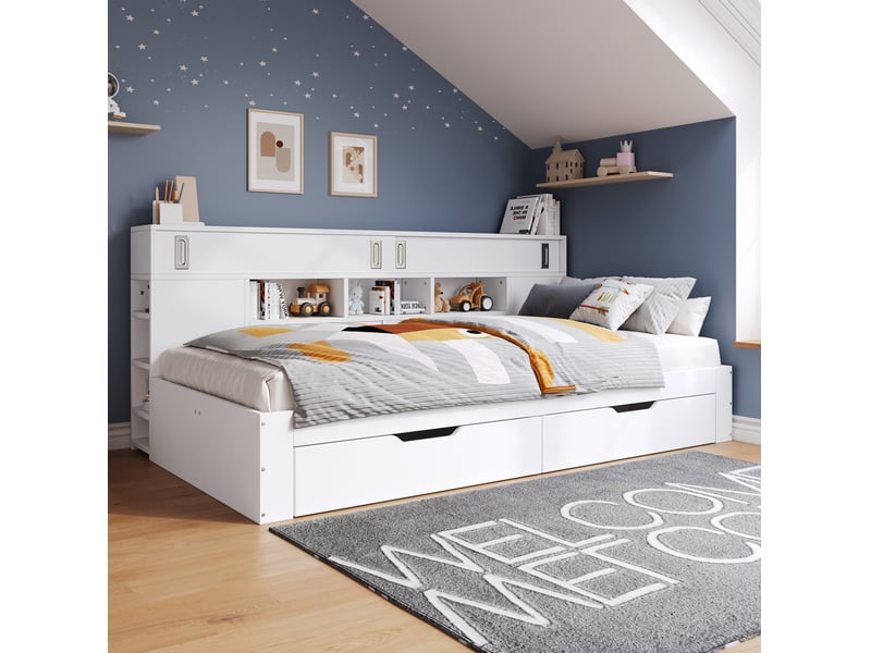  Modenvie lit banquette enfant 90x200 cm - avec tiroirs, bibliotheque et placard lateral, sans matelas - blanc  - Conforama D