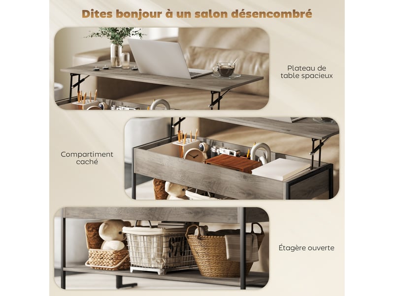  Table basse avec plateau relevable, table de salon avec compartiment caché et étagère ouverte, gris, 95x40x59cm  - Conforama R