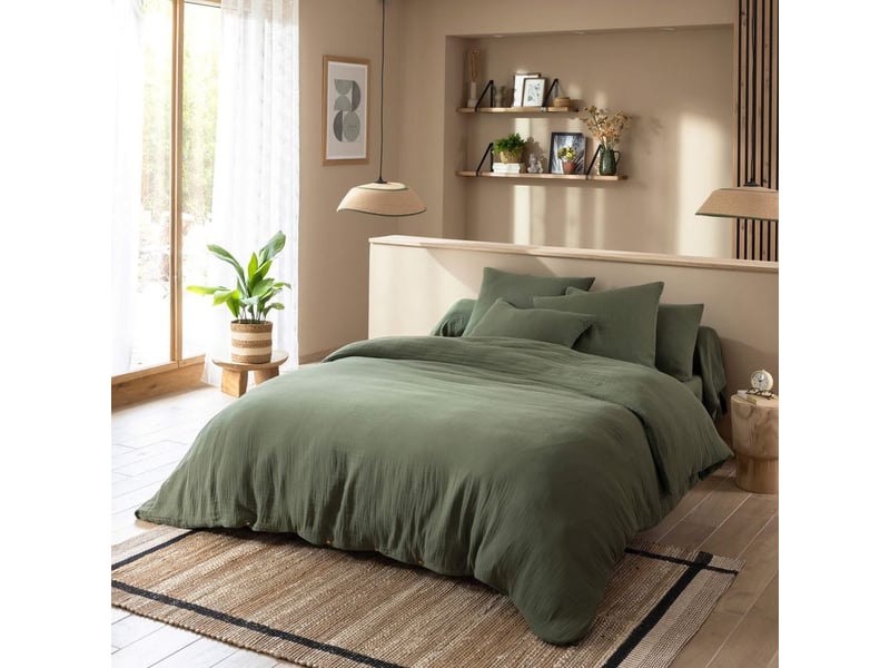 Terre de nuit – housse de couette 140x200 en gaze de coton kaki – bonnet 30 cm – tissage 57 filscm² – lavable en machine à 30°c  - Conforama A