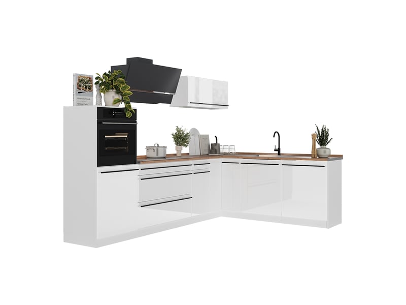  Vicco cuisine en angle, blanc haute brillanceblanc, 287 x cm plan de travail marbre  - Conforama E