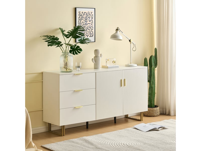  Buffet avec 2 portes, 3 tiroirs et poignées dorées en mdf 160×40×81,5 cm blanc  - Conforama D