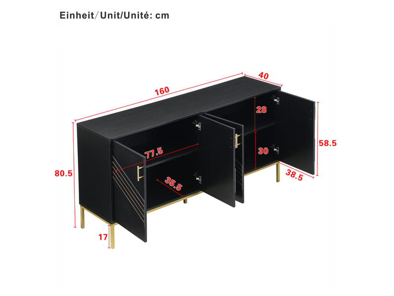  Buffet 160x40x80,5 cm, design élégant, poignées et pieds métal doré, 4 portes, 2 étagères réglables, mdf noir, salon  - Conforama C