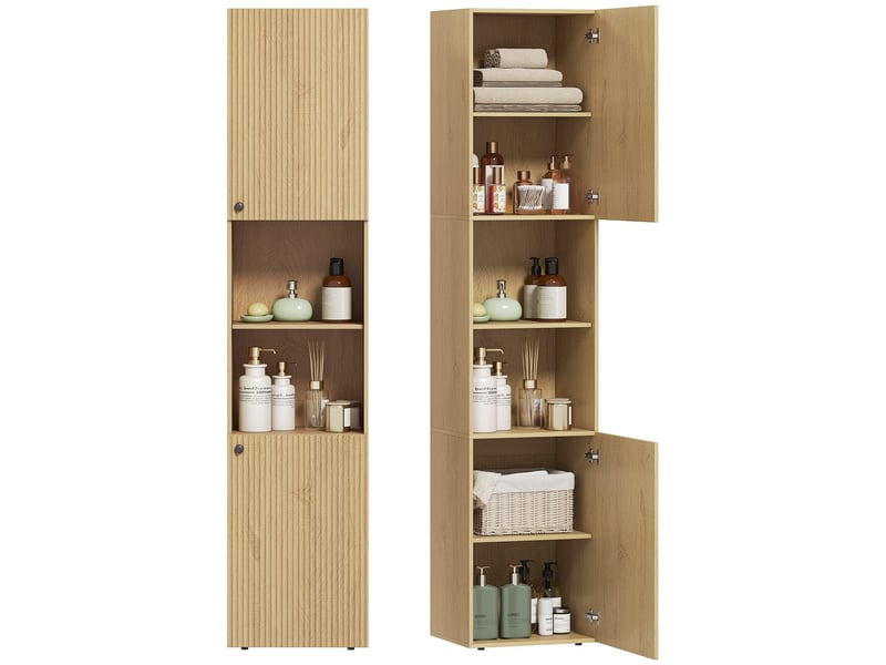  Armoire de salle de bain haute, 6 niveaux, 2 placards, 2 étagères ouvertes, compartiments ouverts, bois, couleur chêne  - Conforama A