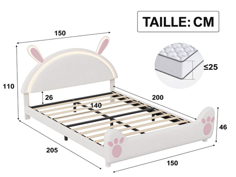  Lit enfant 140x200 cm ezssw, coloris crème et rose  - Conforama C