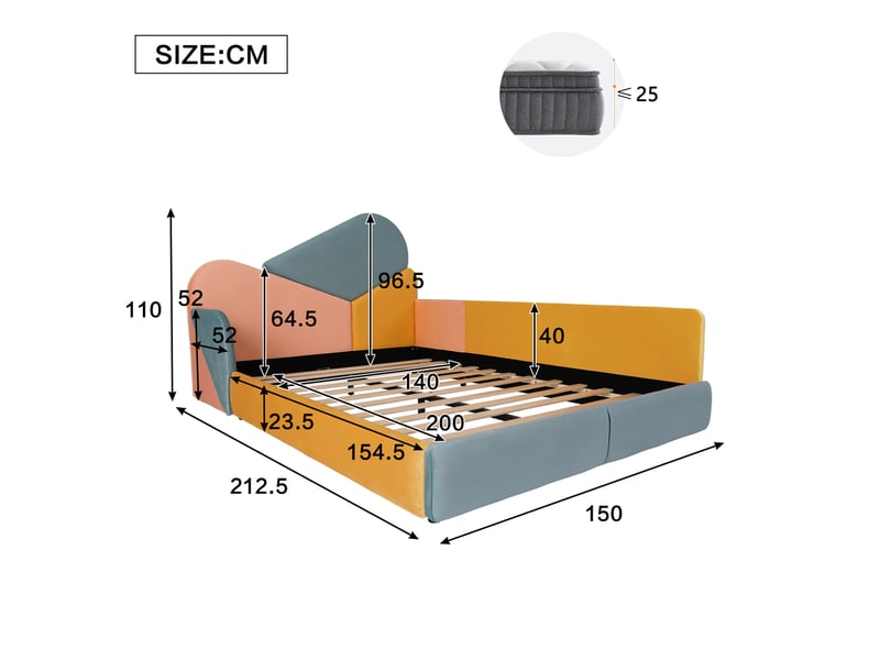  Lit enfant, 140x200 cm, côtés surélevés, motif patchwork multicolore, chambre, matelas non inclus, bois, coloris bleu  - Conforama C