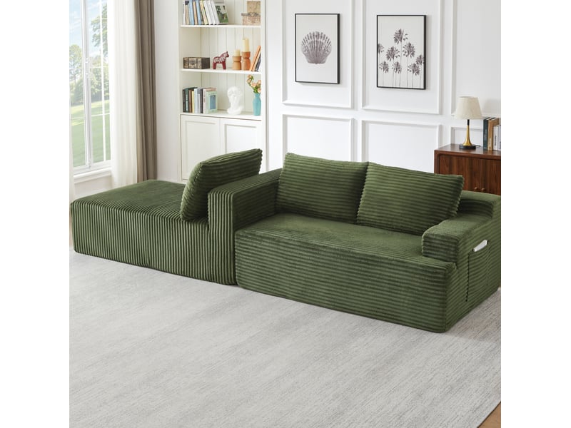  Canapé d'angle compressé en l 238x152x66 cm modulable 3 places, pour salon, pratique, mousse et velours côtelé, vert  - Conforama E