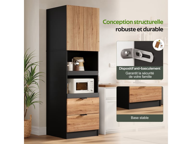  Armoire de cuisine contemporaine multi-rangement 2 portes 2 grand tiroirs et 2 niches naturel et noir  - Conforama E