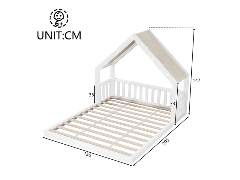 Lit cabane enfant 140x200 cm avec toit en tissu et guirlande lumineuse, blanc, sans matelas - Conforama C
