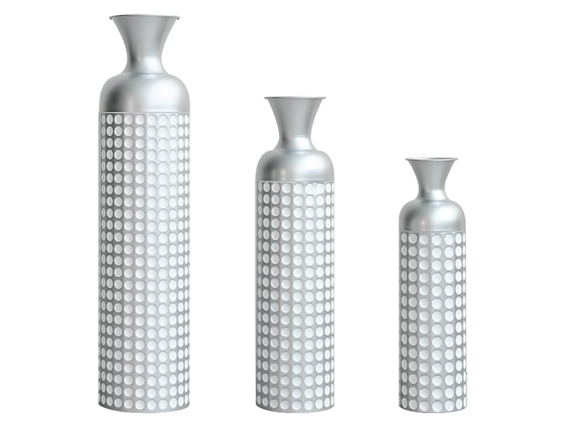  Lot de 3 vases de sol en métal argenté, h 49,5, 66 et 84 cm, motif à pois, pour fleurs séchées  - Conforama A