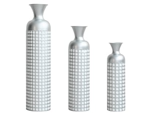 Lot de 3 vases de sol en métal argenté, h 49,5, 66 et 84 cm, motif à pois, pour fleurs séchées