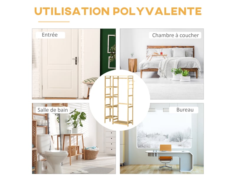  Portant à vêtements bambou penderie porte-manteaux avec étagères, tringle et 2 patères - dim. 90l x 30p x 155h cm  - Conforama R