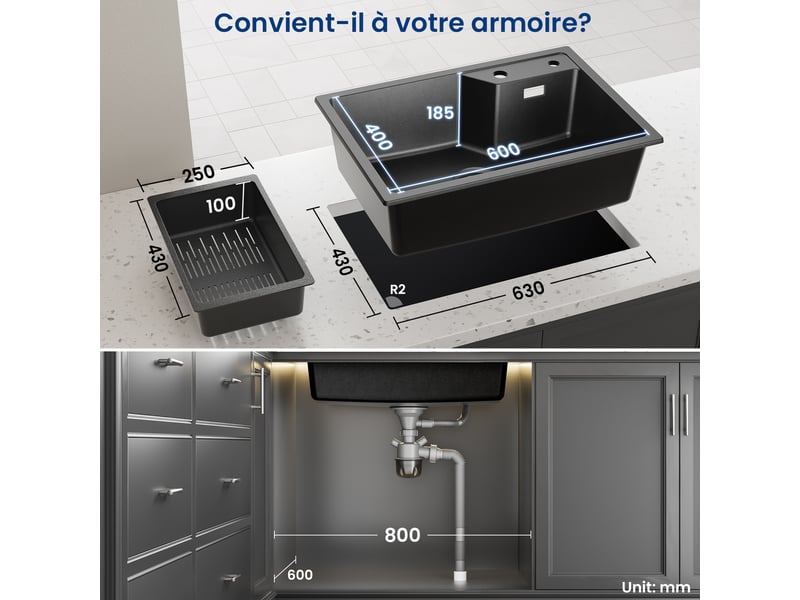  Cecipa max évier en granit 65x45 cm - évier de cuisine noir - avec système d’évacuation et panier égouttoir  - Conforama E