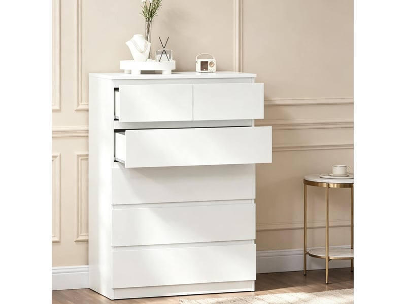  Commode blanche avec 6 tiroirs sans poignées 80 x 39 x 115 cm, panneau de particules  - Conforama E