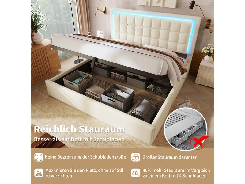  Lit coffre double 180 x 200 cm avec éclairage led, tête de lit rembourrée et sommier relevable, espace de rangement, similicuir, blanc Morn Vibe - Conforama E