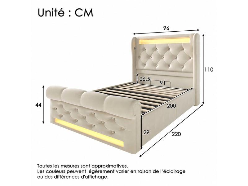 Lit coffre hydraulique, lit rembourré 90 x 200 cm, velours beige, matelas inclus - Conforama C