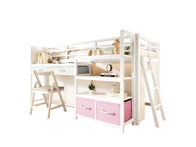 Lit mezzanine 90 × 200 cm avec bureau, étagères, tiroirs en tissu, rideau et éclairage led pour chambre d'enfant - Conforama A