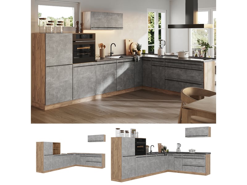 Vicco cuisine en angle, bétonchêne doré, 327 x cm plan de travail anthracite - Conforama D