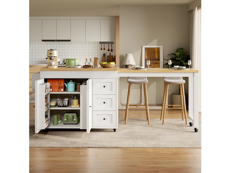  Îlot de cuisine extensible 116x45x89 cm, rangement, mdf, métal, blanc  - Conforama E