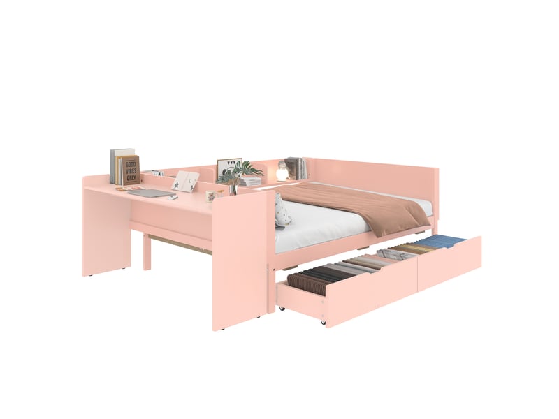  Lit double 140x200 en bois de pin avec bureau intégré et 2 tiroirs - rose  - Conforama A