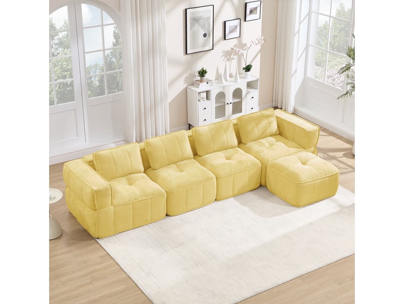 Canapé d'angle modulable 4 places modenvie avec pouf, design sans cadre, 344 x 162 x 67 cm, mousse 32d haute densité, tissu polyester jaune - Conforama D