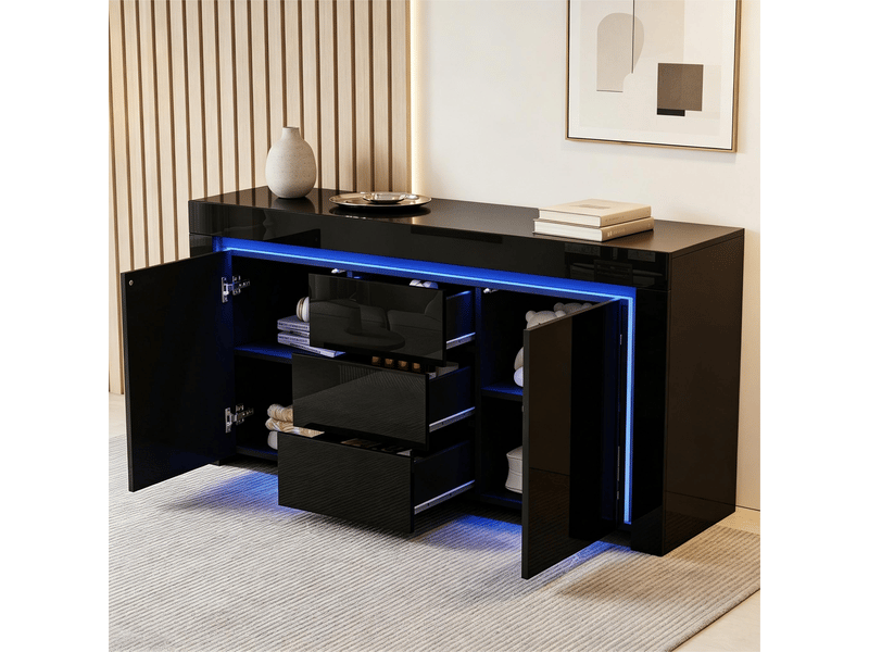  Buffet noir brillant 140 cm avec éclairage led - 3 tiroirs 2 portes  - Conforama B