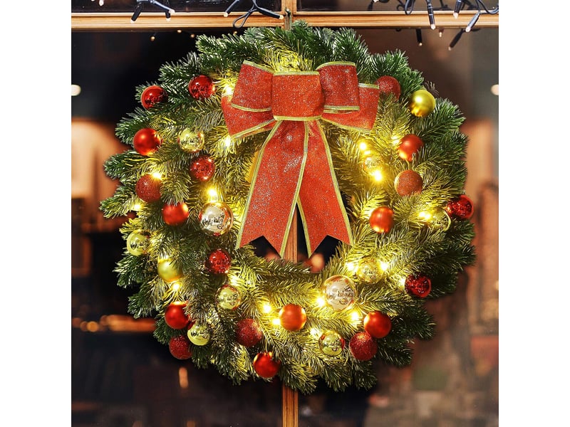 Couronne de noël lumineuse 50 cm, guirlande pré-éclairée à led avec boules de noël, décoration de porte - Conforama C
