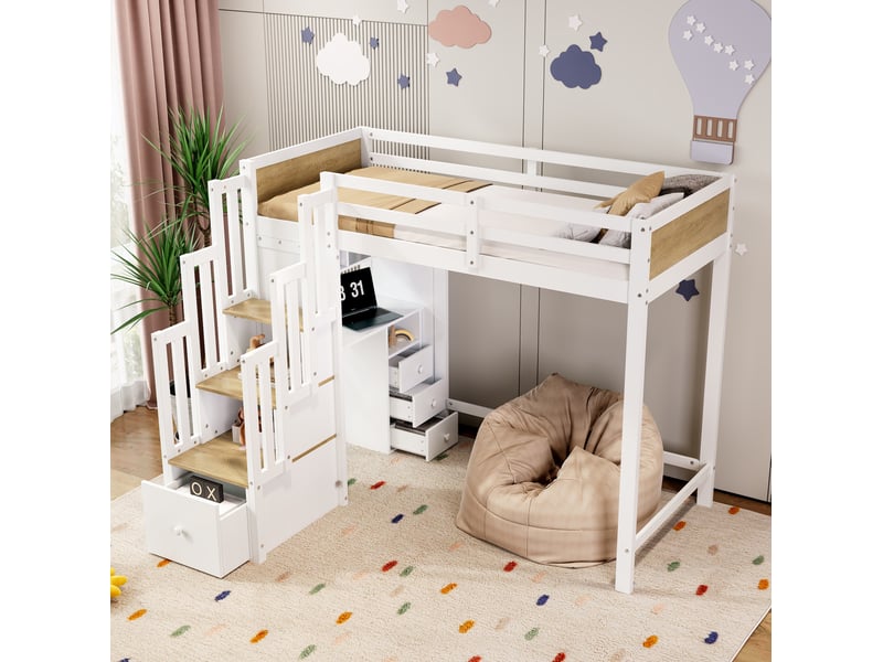  Lit mezzanine enfant 90x200 cm en bois, blanc et bois clair, avec bureau, rangements et escalier, sans matelas  - Conforama E