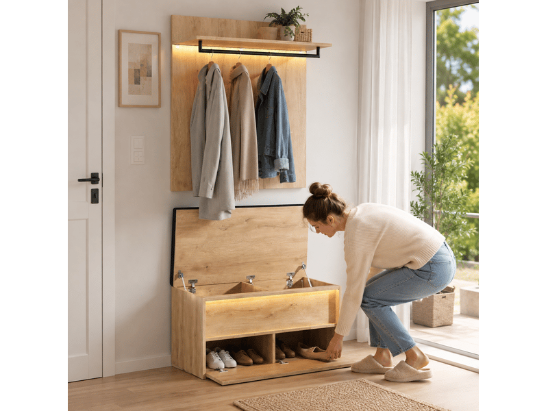  Meubles d'entrée 2 pièces avec banc à chaussures, penderie murale réglable et led en mdf chêne 90 × 47 × 145 cm  - Conforama B