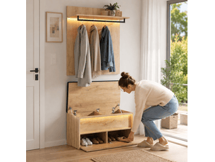 Meubles d'entrée 2 pièces avec banc à chaussures, penderie murale réglable et led en mdf chêne 90 × 47 × 145 cm