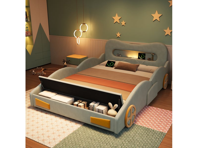  Lit enfant voiture 140x200 cm avec rangement, liseuse et prise de charge en velours vert  - Conforama D
