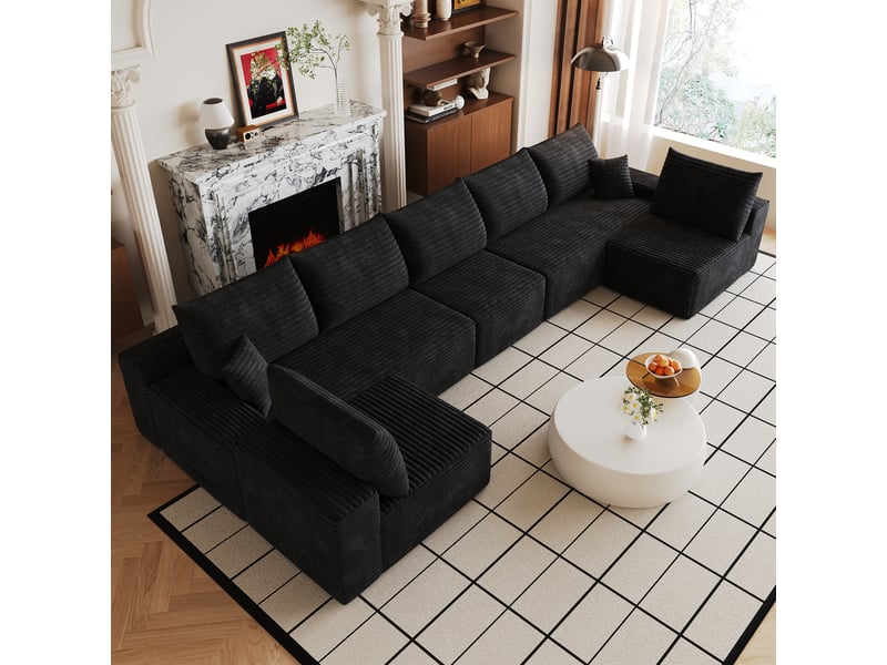  Canapé d'angle noir modulable avec méridienne en tissu côtelé rayé design moderne pour salon  - Conforama R