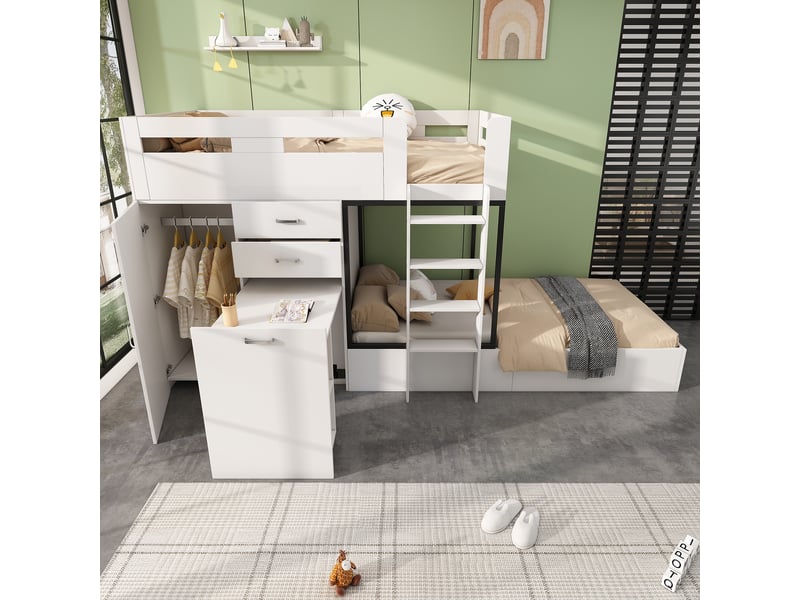  Lit superposés 90×200 cm avec bureau coulissant et penderie, lit enfant avec tiroir, lit 2 personnes en blanc, étagères et échelles  - Conforama W
