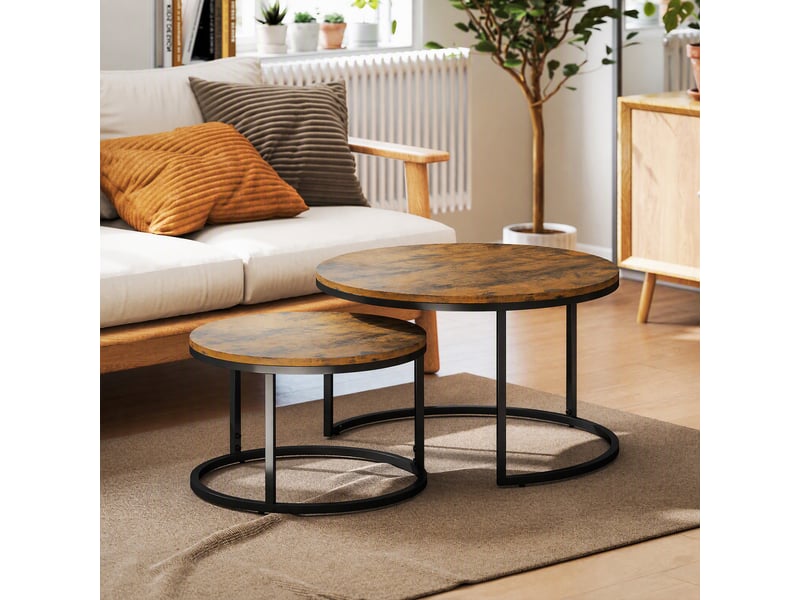  Lot de 2 tables basses gigognes empilable design industriel plateau imitation ciment pieds en métal rustique brun  - Conforama A