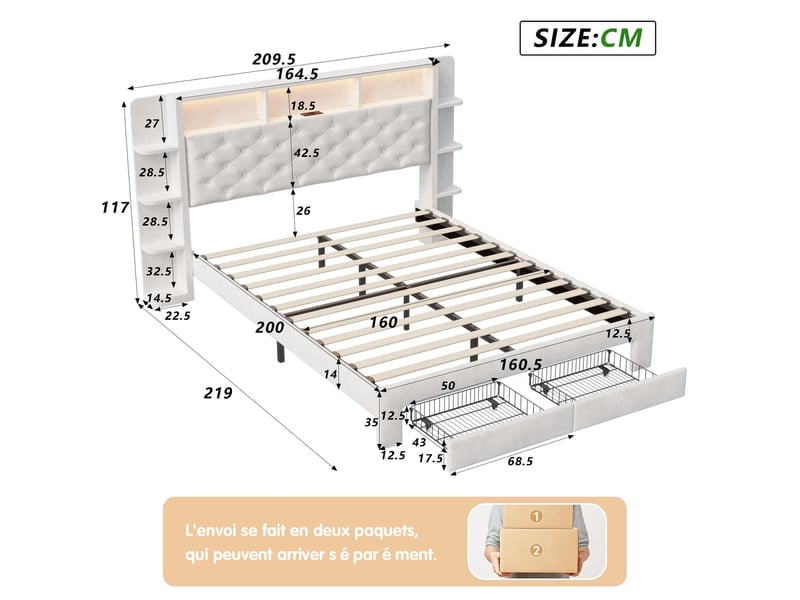 Lit 160 x 200,lit adulte led ,2 tiroirs ,usb, lit double capitonné 160 x 200 avec tête de lit de rangement ,velours blanc - Conforama C
