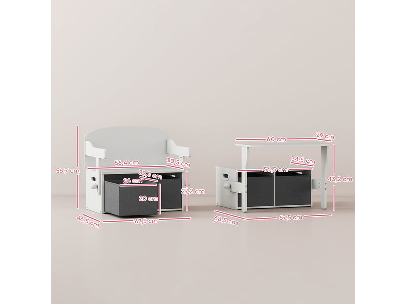  Coffre à jouet enfant 3 en 1, ensemble table et chaises avec 2 bacs en tissu amovibles, blanc, 67,5 x 46,5 x 56,7 cm  - Conforama C