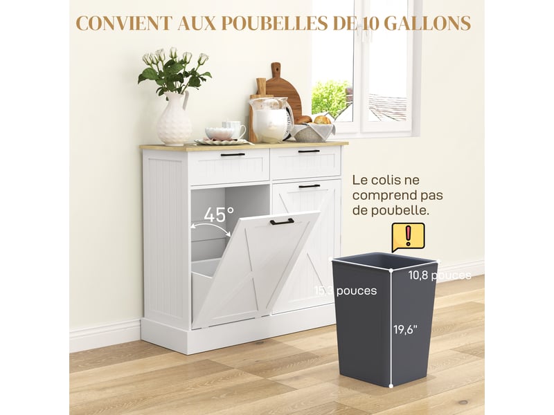  Buffet cuisine avec meuble poubelle 38l, meuble cuisine rangement, étagère à épices et plan de travail, 2 tiroirs, blanc  - Conforama E