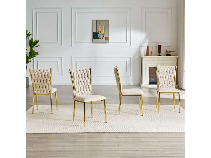 Chaise de salle à manger rembourrée, dossier tressé, velours beige et métal doré  - Conforama C
