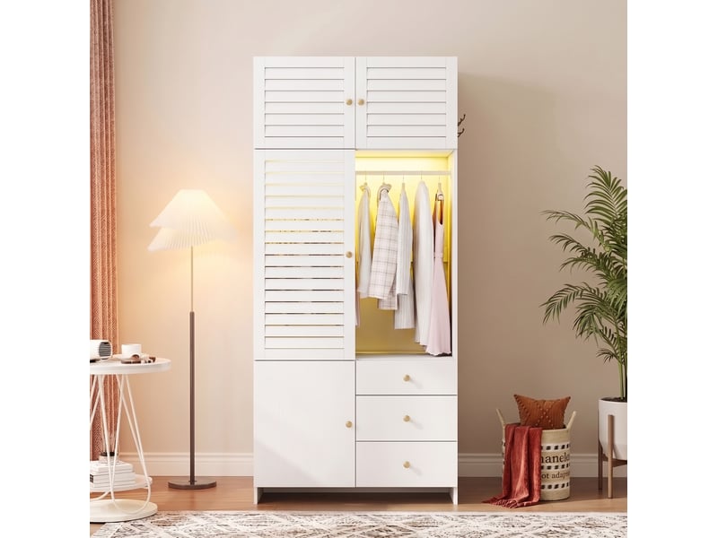  Armoire à portes battantes 90x50x200 cm avec éclairage led, panneau de particules, couleur blanc  - Conforama D