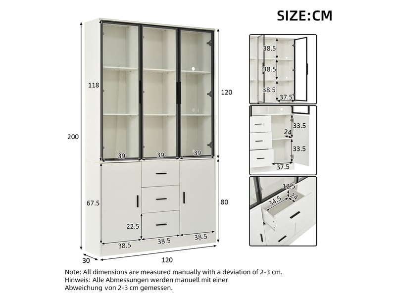  Vitrine haute 120x30x200 cm – blanc mat – 5 portes, 3 tiroirs et éclairage led rgb bluetooth intégré  - Conforama C