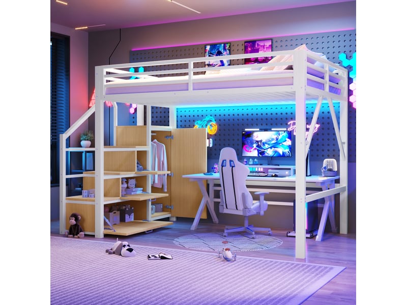 Lit mezzanine 140x200 cm, rangements, placard, escalier led, garde-corps sécurité, métal et mdf blanc sans matelas  - Conforama B