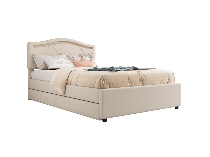  Lit avec rangement 90x200 cm en lin beige avec led, 2 tiroirs et tête de lit réglable  - Conforama A