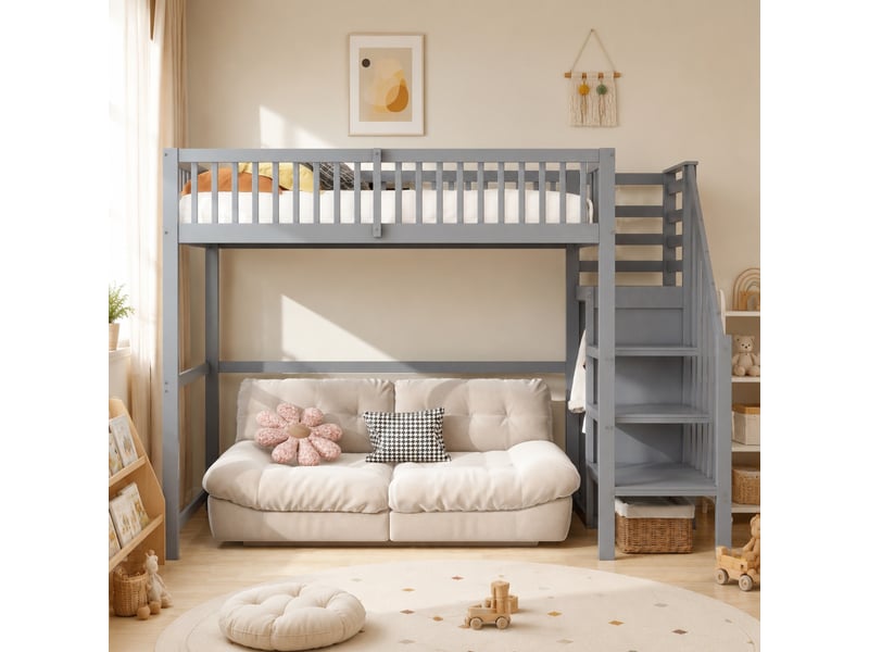  Lit mezzanine enfant 90×200 cm avec escalier, armoire et étagères  - sans matelas, bois gris  - Conforama C