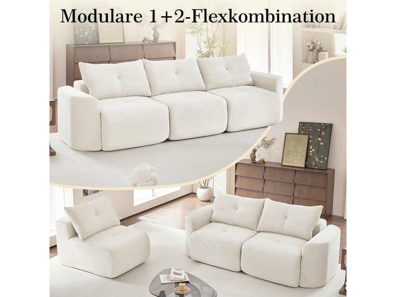 Canapé modulable compression 3 places,velours côtelé,279x100x84cm,configuration 2+1 avec assise amovible,sans montage,beige - Conforama D