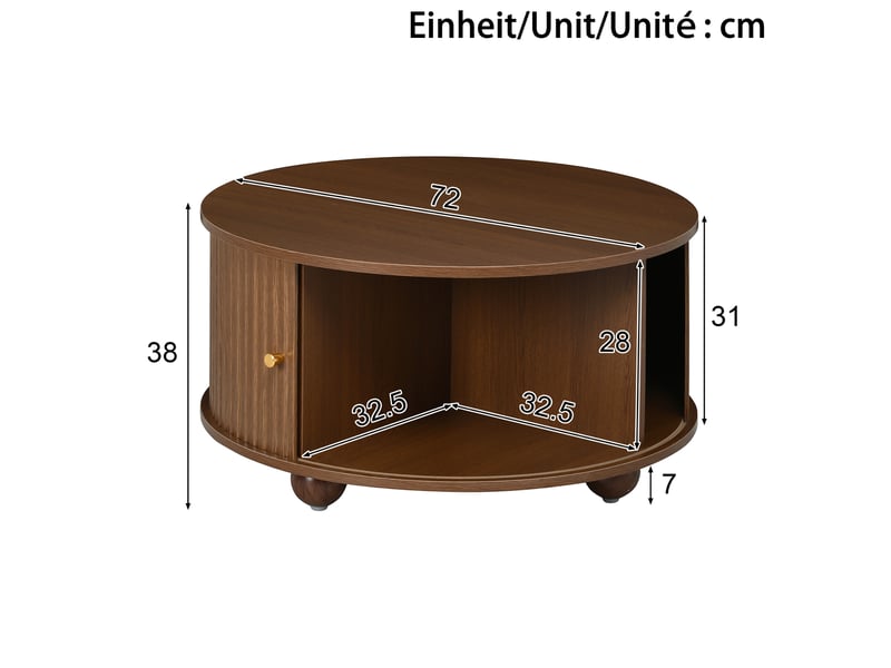  Ensemble table basse ronde et meuble tv incurvé 180 x 35 x 45 cm + 72 x 72 x 38 cm, portes coulissantes, mdf, noyer  - Conforama C